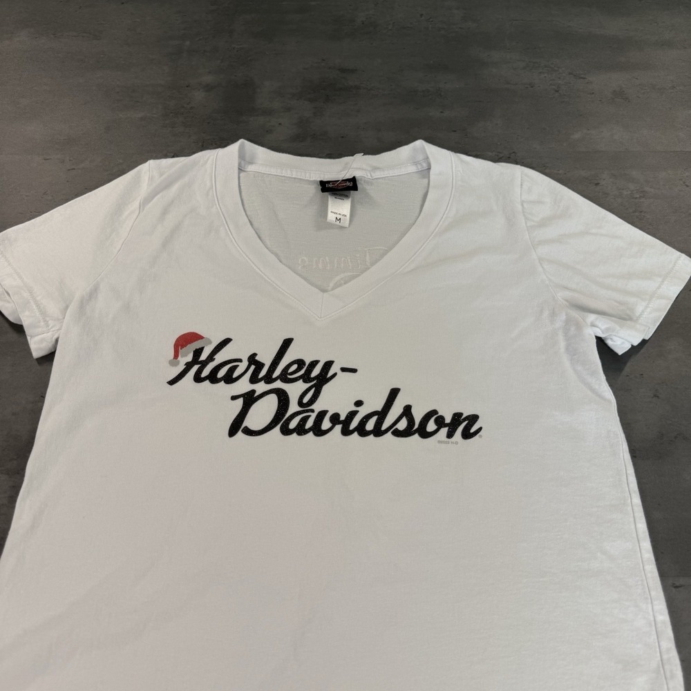 Harley Davidson T‎ Shirt Women Med USA Made White Black Christmas Santa Hat